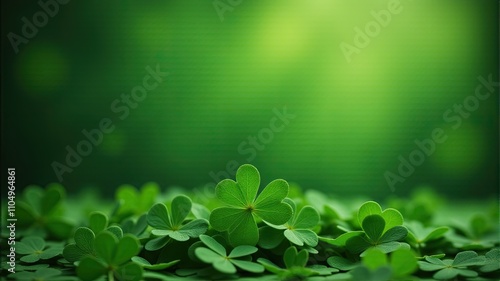 Close-up of green clover leaves with a soft, blurred green background, evoking a sense of nature and luck.

