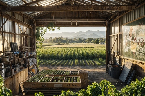 Rustic Farm Shed Overlooking Lush Green Fields, Framed by Wooden Structures and Bathed in Warm Sunset Light, With Scenic Mountains in the Background. photo