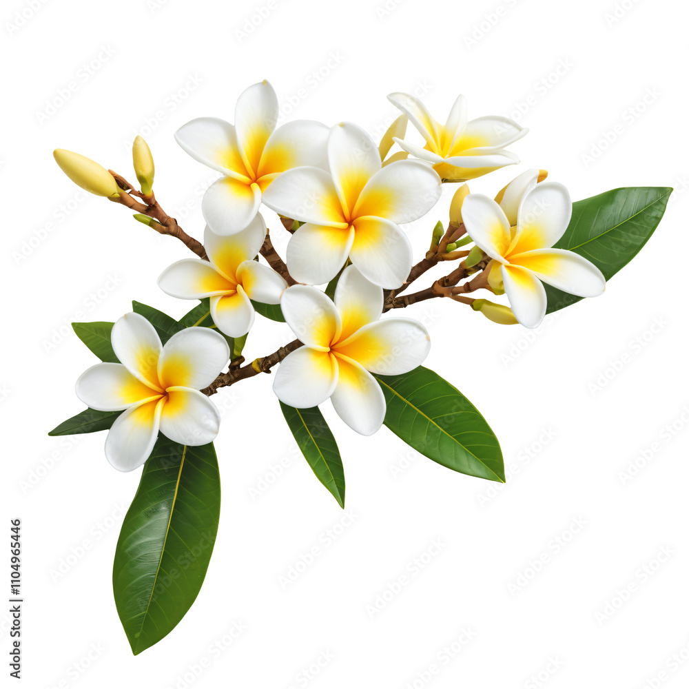 Minimalist Frangipani Design with Yellow and White Flowers – Plumeria Tree Branch with Soft Lighting and Realistic Details on White Background for Creative Projects Minimalist Frangipani Design with Yellow and White Flowers – Plumeria Tree Branch with Soft Lighting and Realistic Details on White Background for Creative Projects