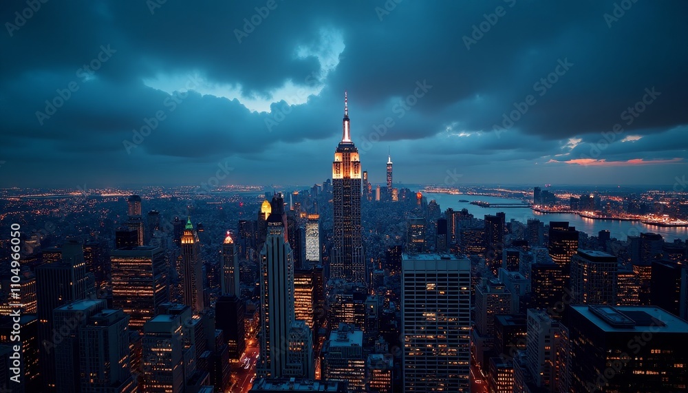 Obraz premium Nighttime cityscape with iconic skyscrapers illuminated against a dramatic cloudy sky