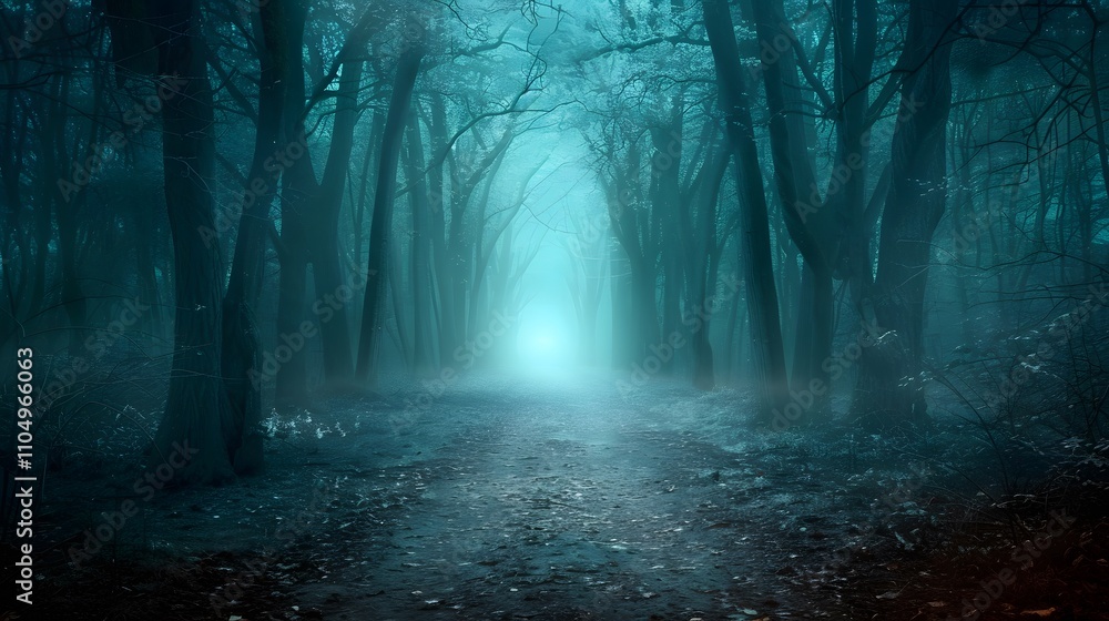 Fototapeta premium Mystical Foggy Forest Path Beckons Through Ancient Trees