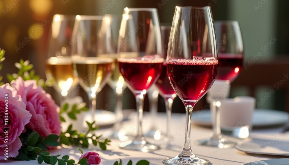 A collection of glasses with red wine on a table A collection of glasses with red wine on a table