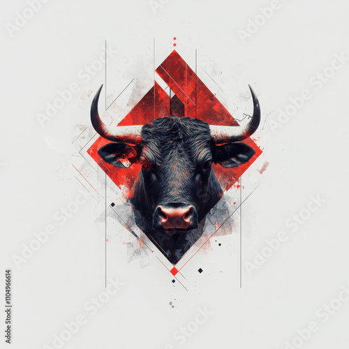 Aggressive bull head artwork abstract gallery digital illustration modern environment close-up view minimalistic design with red details photo