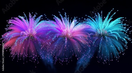 Vibrant new year's eve background with triple burst of colorful fireworks lighting up the night sky, celebratory atmosphere for festive events and holiday decorations photo