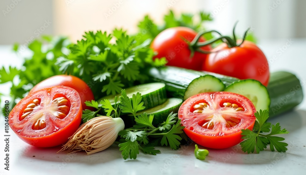 A variety of fresh vegetables on a white surfaceClose-up of ripe tomatoes with sliced cucumbers and fresh herbsF A variety of fresh vegetables on a white surfaceClose-up of ripe tomatoes with sliced cucumbers and fresh herbsF