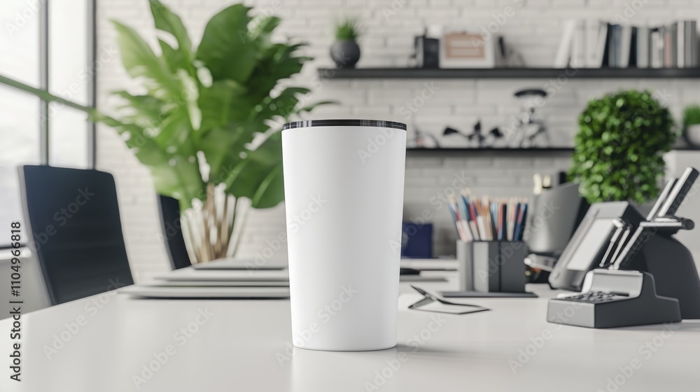 Modern Desk Setup with Stylish Tumbler Mockup for a Productive Workspace Modern Desk Setup with Stylish Tumbler Mockup for a Productive Workspace