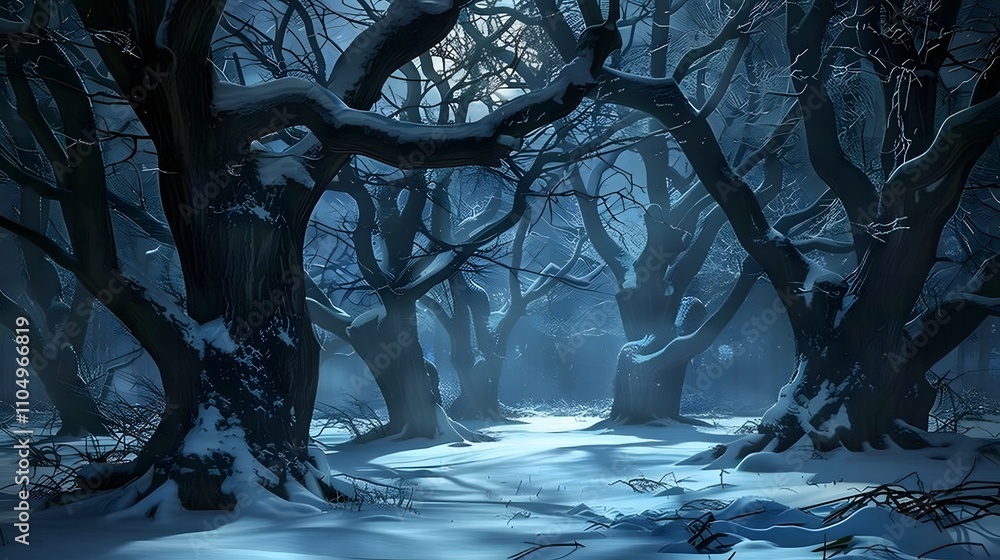 Naklejka premium Snow Covered Trees in a Winter Night Forest