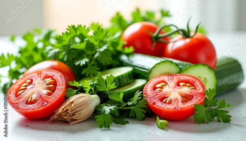 A variety of fresh vegetables on a white surfaceClose-up of ripe tomatoes with sliced cucumbers and fresh herbsF