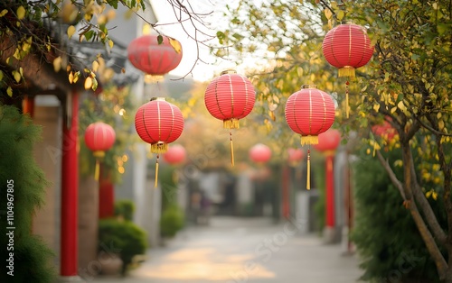Chinese lanterns glowing in tranquil pathway.