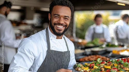 A smiling chef holding a colorful platter of fresh food in a bustling kitchen, showcasing culinary skills and teamwork among fellow cooks.