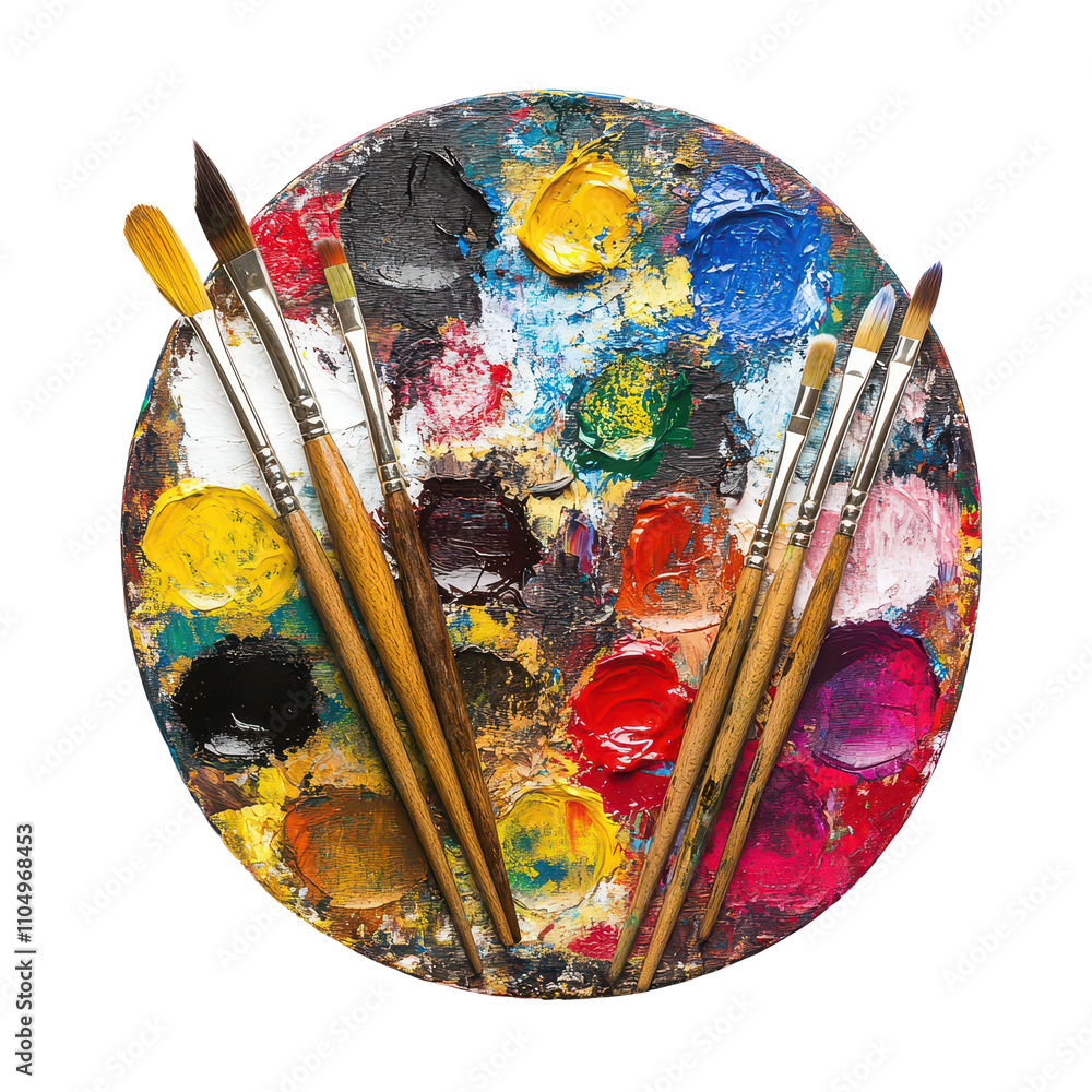 Obraz premium Artistic palette with vibrant paints and brushes ready for creative expression in a studio setting, Artistic Palette with Paintbrushes and Paints, transparent background.