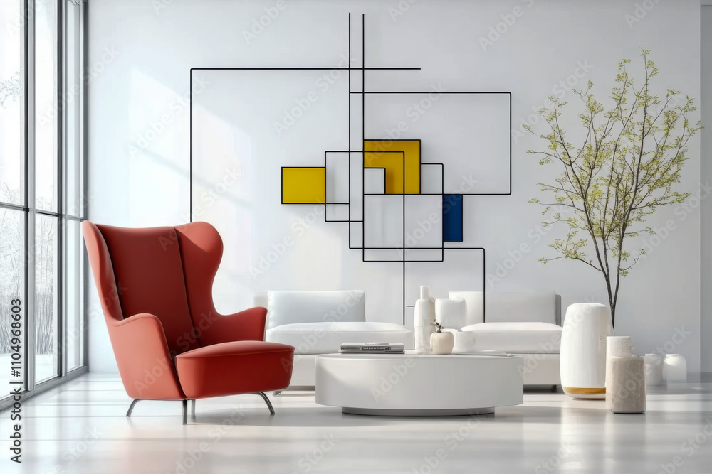 Fototapeta premium living room Red wingback chair and white sofa in bright room