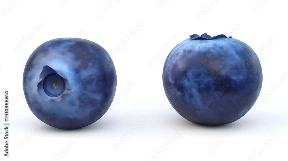 Two blueberries, one showing the calyx, isolated on white. Two blueberries, one showing the calyx, isolated on white.