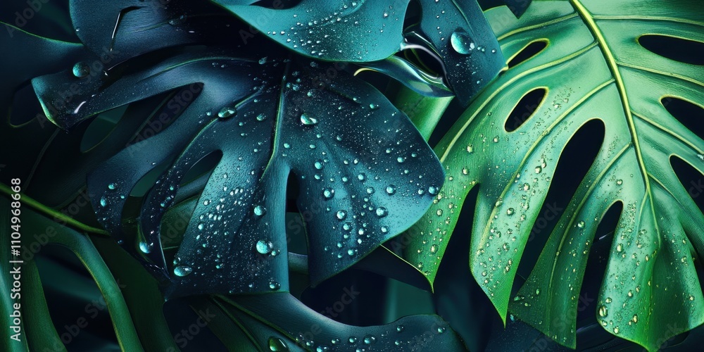 Rhythmic drips falling from the leaf Monstera leaf A Rhythmic drips falling from the leaf Monstera leaf A