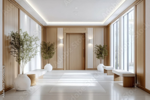 entrance hall with door and wooden paneling walls Elegant interior design of modern