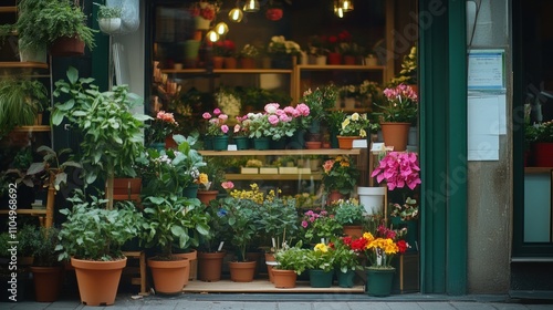 Colorful flowers and plants displayed outside a florist shop.