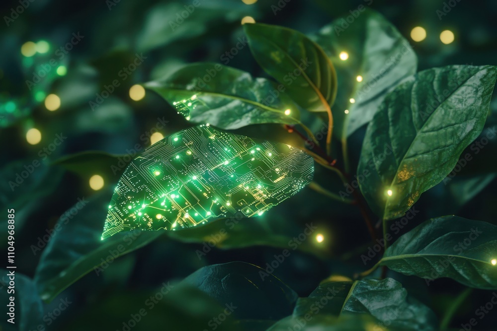 Illuminating mechanical plant life circuit board leaves in a technological green environment nature meets innovation perspective Illuminating mechanical plant life circuit board leaves in a technological green environment nature meets innovation perspective