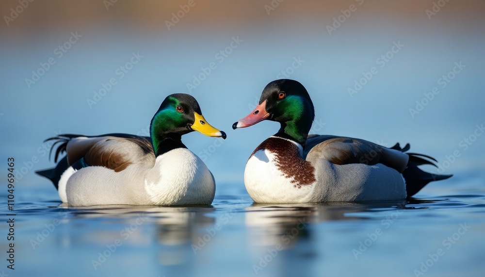 Fototapeta premium Two ducks facing each other in water