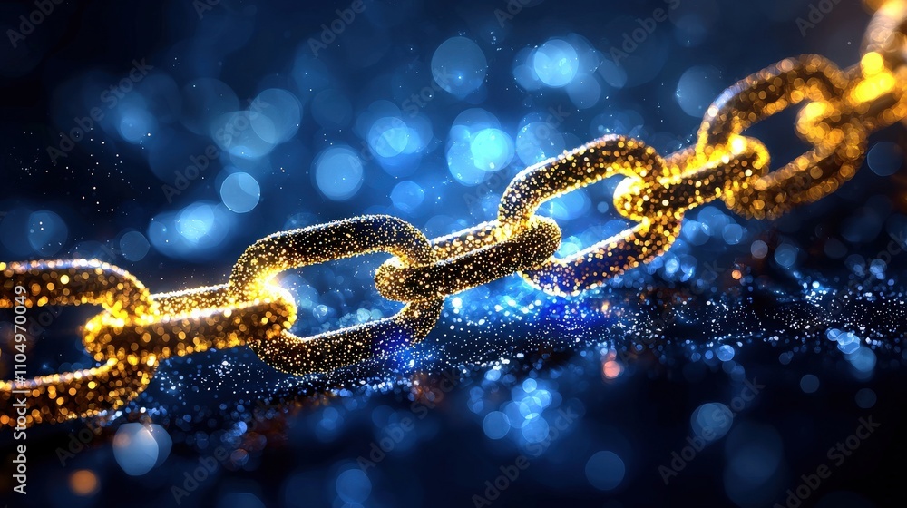 A shimmering gold chain glimmers against a dark blue background, creating a striking visual contrast with sparkling elements surrounding it. A shimmering gold chain glimmers against a dark blue background, creating a striking visual contrast with sparkling elements surrounding it.