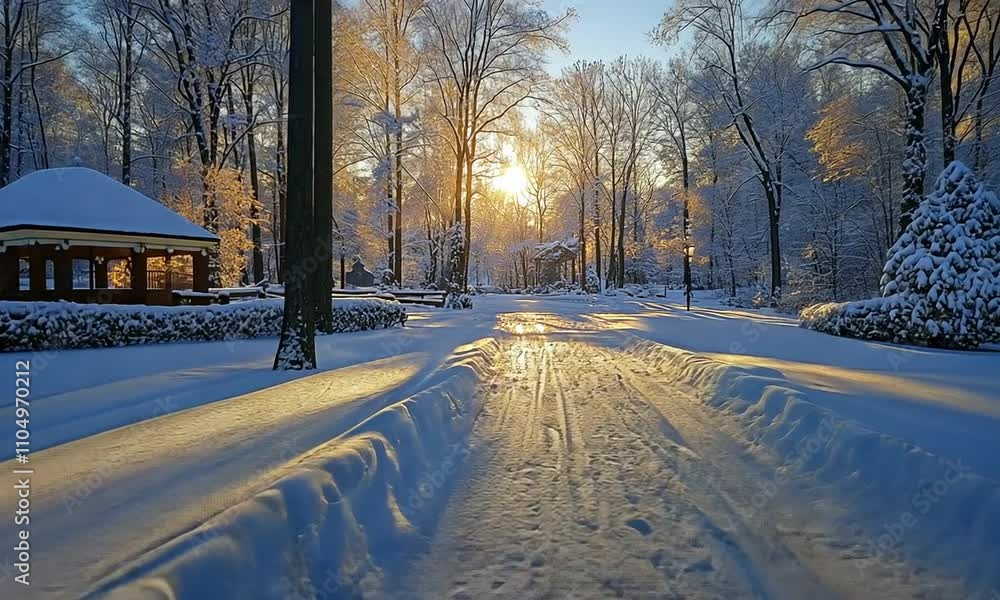 A serene winter landscape with snow-covered trees and a sunset. A serene winter landscape with snow-covered trees and a sunset.