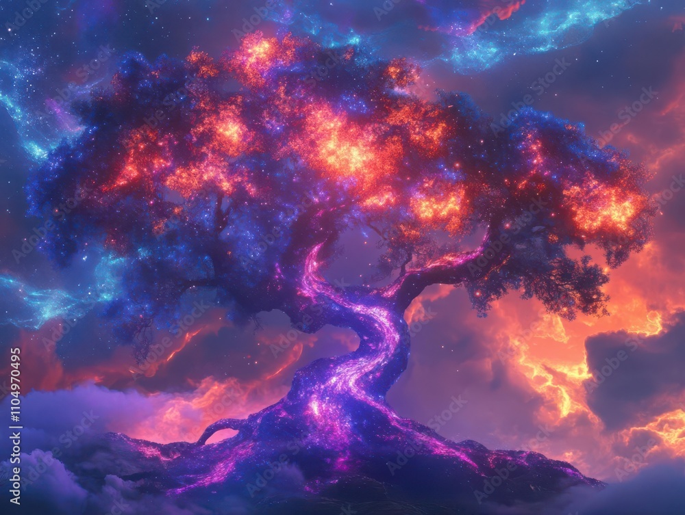 Psychedelic cosmic tree, branches in shimmering digital holograms, planetary roots, vibrant fantasy tones, low perspective, intricate and high-detail design, surreal glow Psychedelic cosmic tree, branches in shimmering digital holograms, planetary roots, vibrant fantasy tones, low perspective, intricate and high-detail design, surreal glow
