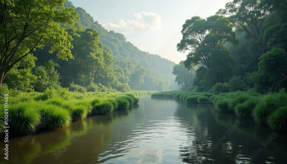 River flowing through forested valley with green foliage and mountains in the background, under blue sky with few clouds River flowing through forested valley with green foliage and mountains in the background, under blue sky with few clouds