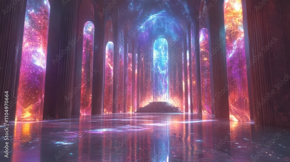 Obraz premium Shrine with holographic lights, low-angle view, mercury droplets floating, cosmic energy reflection, fantasy-surreal art, metallic color scheme, digitally enhance surrealism