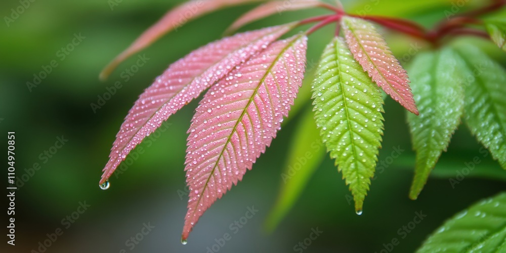 Tiny droplets suspended Cherry tree leaf A detailed m Tiny droplets suspended Cherry tree leaf A detailed m