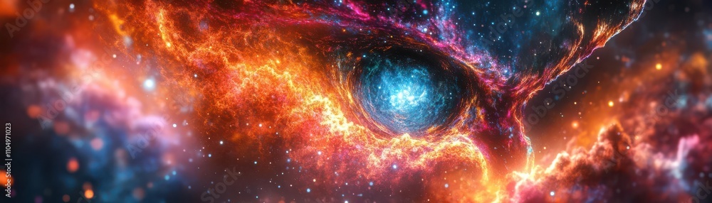Obraz premium Surreal cosmic entity, holographic patterns shifting, galaxy backdrop of vivid hues, neon 3D brilliance, worms-eye perspective, evokes spiritual awakening, digital art