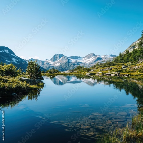 Captivating reflection of pristine alpine lake surrounded by lush shoreline vegetation in a serene mountain environment