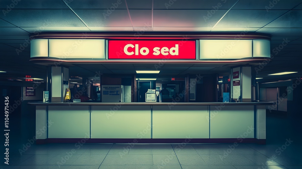 Closed airport counter with empty chairs and a sign indicating no flights available. A symbol of travel disruption and unexpected changes in plans. Closed airport counter with empty chairs and a sign indicating no flights available. A symbol of travel disruption and unexpected changes in plans.