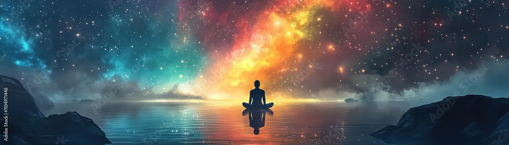 Tranquil scene from above, figure in meditation on shimmering lake, vibrant aurora overhead, scattered stars in futuristic cosmos, merges calm with cosmic, watercolor style Tranquil scene from above, figure in meditation on shimmering lake, vibrant aurora overhead, scattered stars in futuristic cosmos, merges calm with cosmic, watercolor style