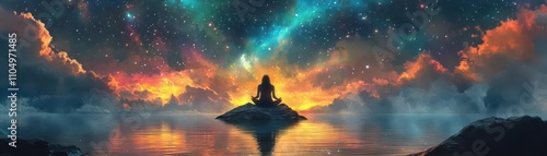 Tranquil scene from above, figure in meditation on shimmering lake, vibrant aurora overhead, scattered stars in futuristic cosmos, merges calm with cosmic, watercolor style