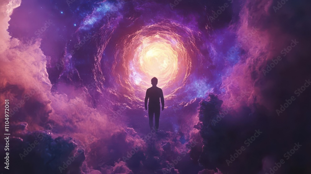 Fototapeta premium Worms-eye view of a cosmic being, surreal and holographic, floating amidst vibrant galaxy colors, neon 3D design, symbolizes spiritual enlightenment, digital art mastery