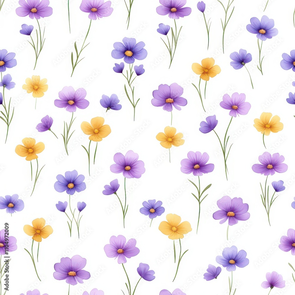 A vibrant floral pattern featuring purple and yellow flowers on a white background, perfect for design and decoration. A vibrant floral pattern featuring purple and yellow flowers on a white background, perfect for design and decoration.