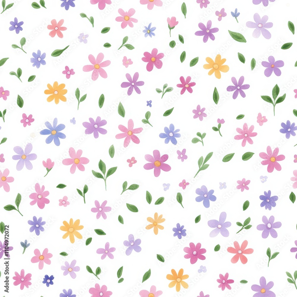A vibrant pattern of colorful flowers and green leaves on a white background, perfect for spring-themed designs and decorations. A vibrant pattern of colorful flowers and green leaves on a white background, perfect for spring-themed designs and decorations.