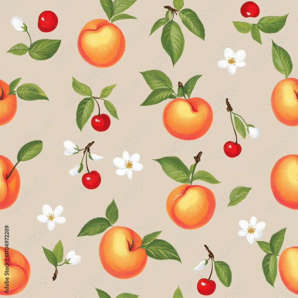 A colorful pattern featuring peaches, cherries, and flowers against a soft beige background, creating a vibrant and fresh design. A colorful pattern featuring peaches, cherries, and flowers against a soft beige background, creating a vibrant and fresh design.