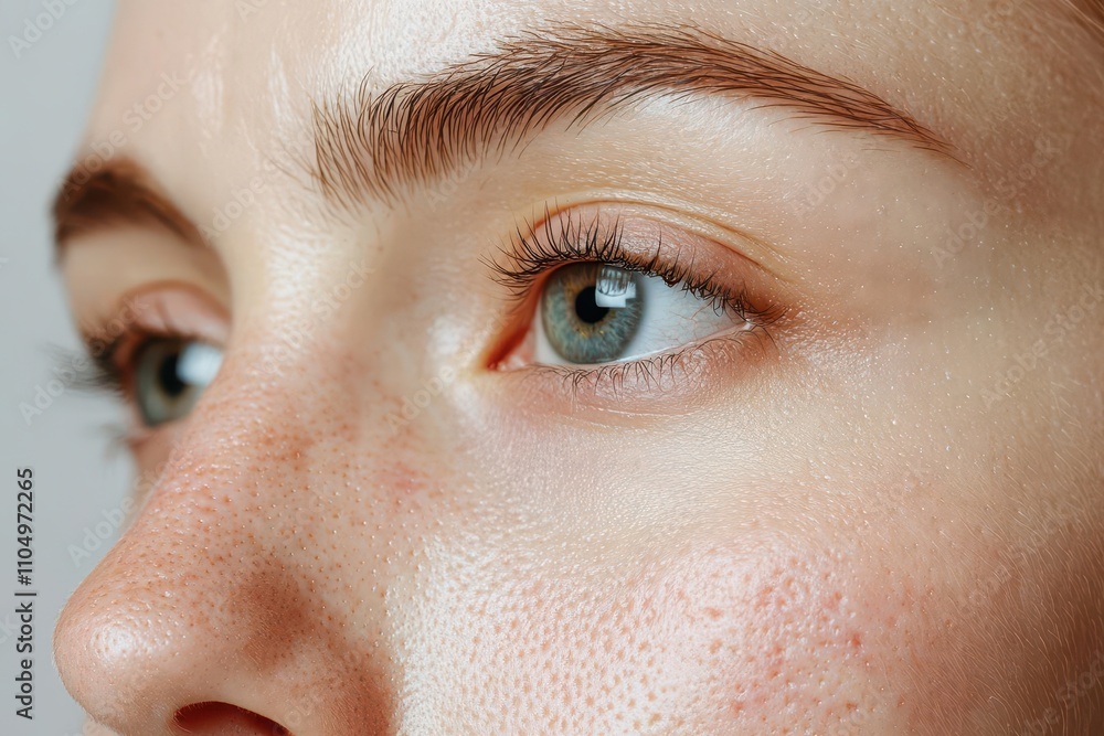 Obraz premium A close-up of a person's face highlighting natural skin texture, with focus on the eye and eyebrow, conveying a sense of beauty and authenticity.