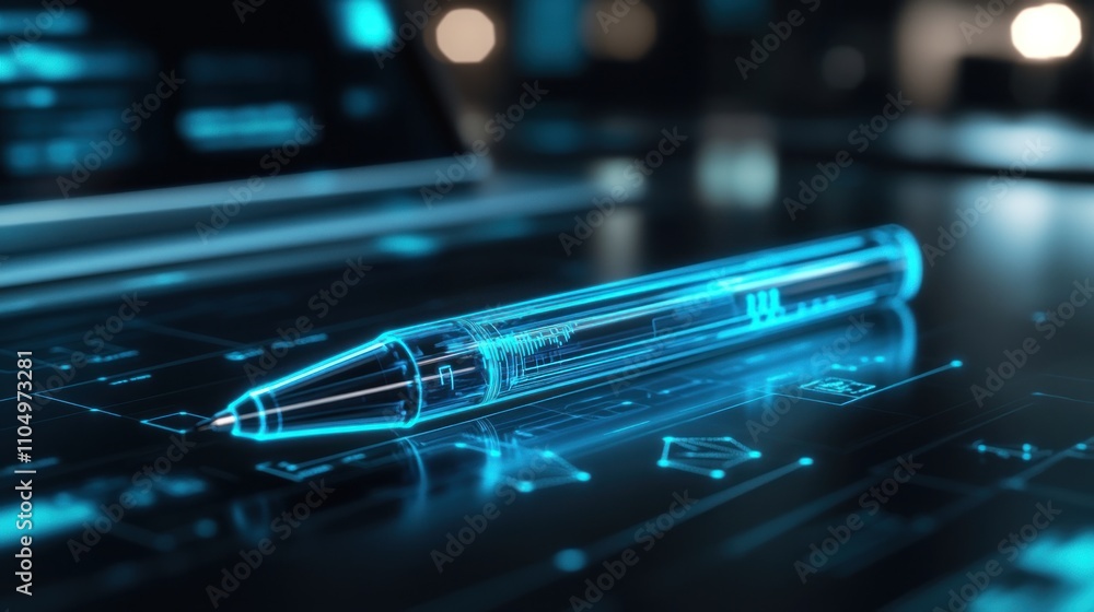 A futuristic pen on a digital interface with glowing elements. A futuristic pen on a digital interface with glowing elements.
