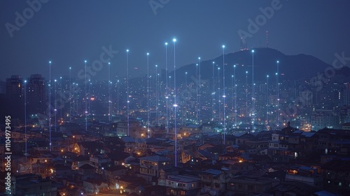 A serene night cityscape illuminated by glowing lights and vertical beams, showcasing a blend of technology and urban life against a mountain backdrop.