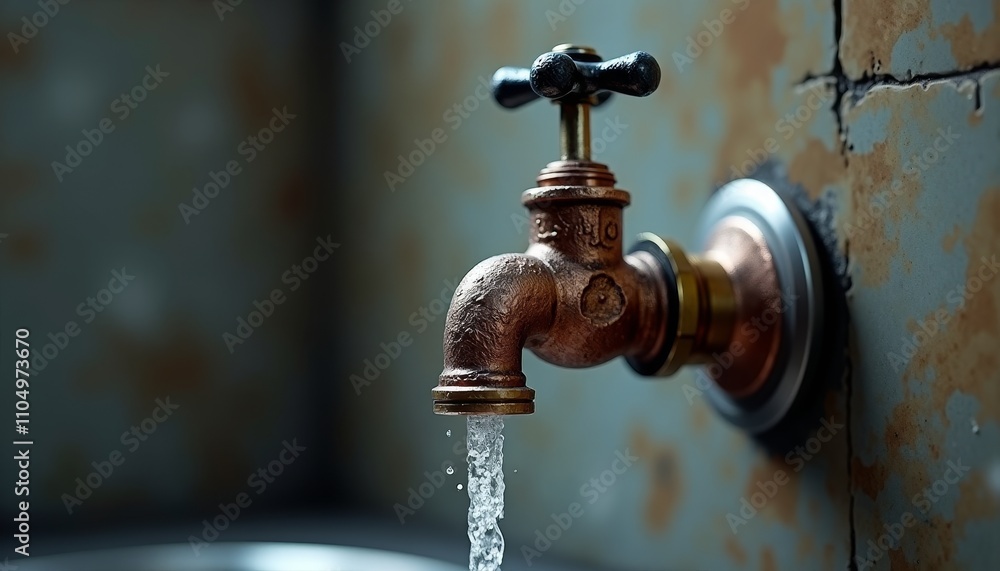 Water dripping from a faucet in an old bathroom with peeling paint on the wall Water dripping from a faucet in an old bathroom with peeling paint on the wall