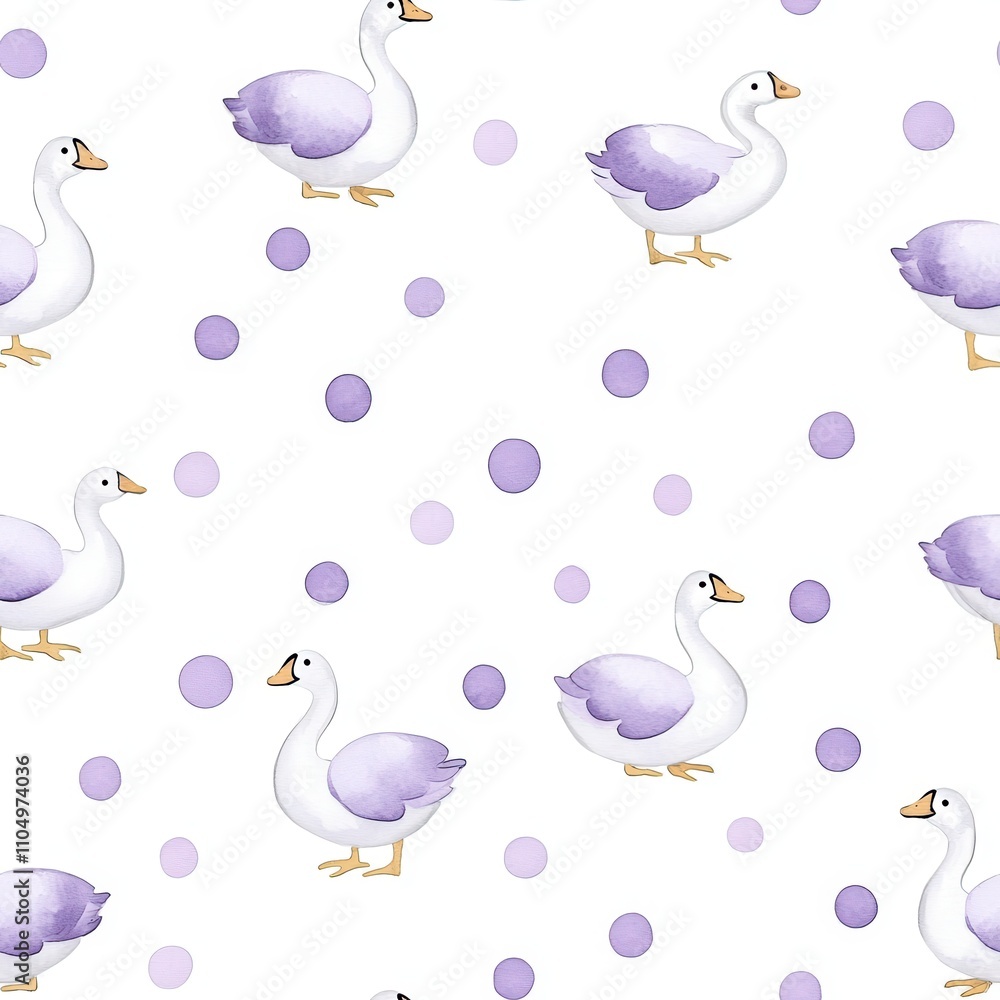 A whimsical pattern featuring white and purple geese and polka dots on a light background, perfect for children's decor or fabric design. A whimsical pattern featuring white and purple geese and polka dots on a light background, perfect for children's decor or fabric design.