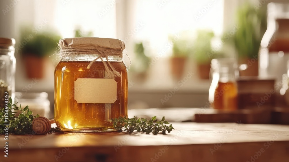 Rustic Honey Jar on Wooden Counter with Herbs