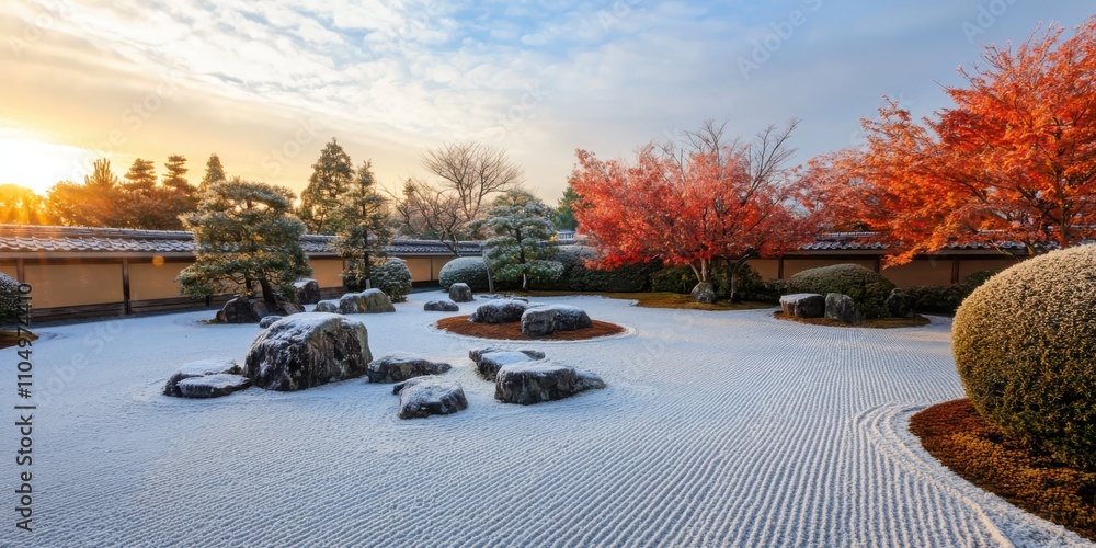 Fototapeta premium Morning frost embraces a zen garden in kyoto capturing the serenity of maple trees