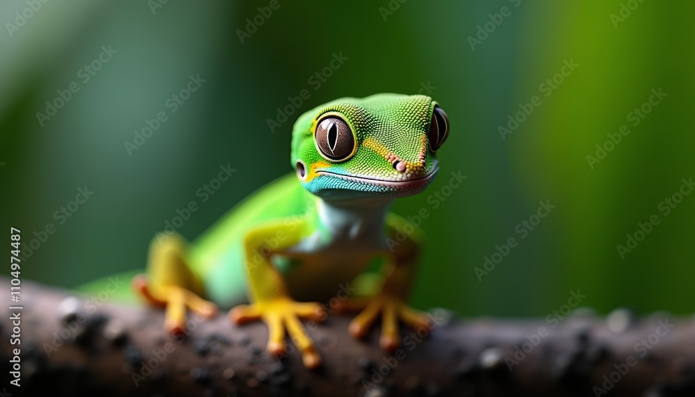 A green lizard with yellow spots on its head sitting on a branch A green lizard with yellow spots on its head sitting on a branch