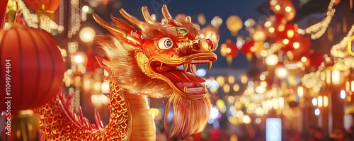 A vibrant dragon lantern illuminated during a festive night, surrounded by colorful hanging lights and decorations. This image captures the essence of cultural celebrations.