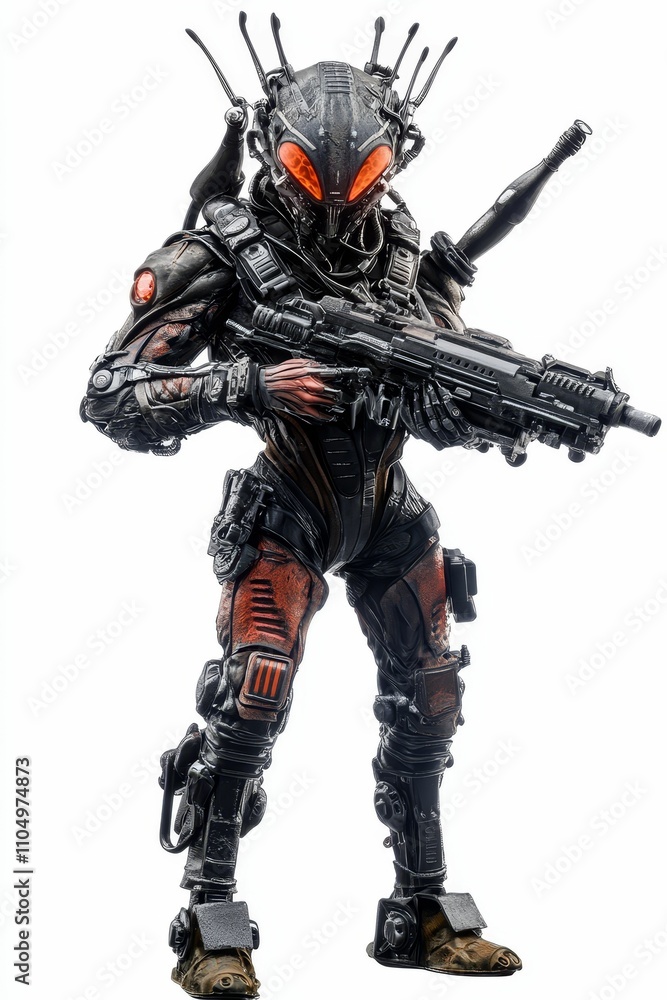 Futuristic soldier, armored, wielding large firearm. Futuristic soldier, armored, wielding large firearm.
