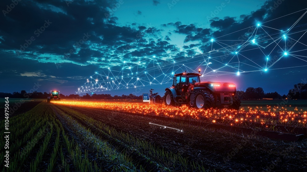 A tractor works on a field at dusk, illuminated by lights, with a digital network symbolizing agriculture's connection to technology. A tractor works on a field at dusk, illuminated by lights, with a digital network symbolizing agriculture's connection to technology.