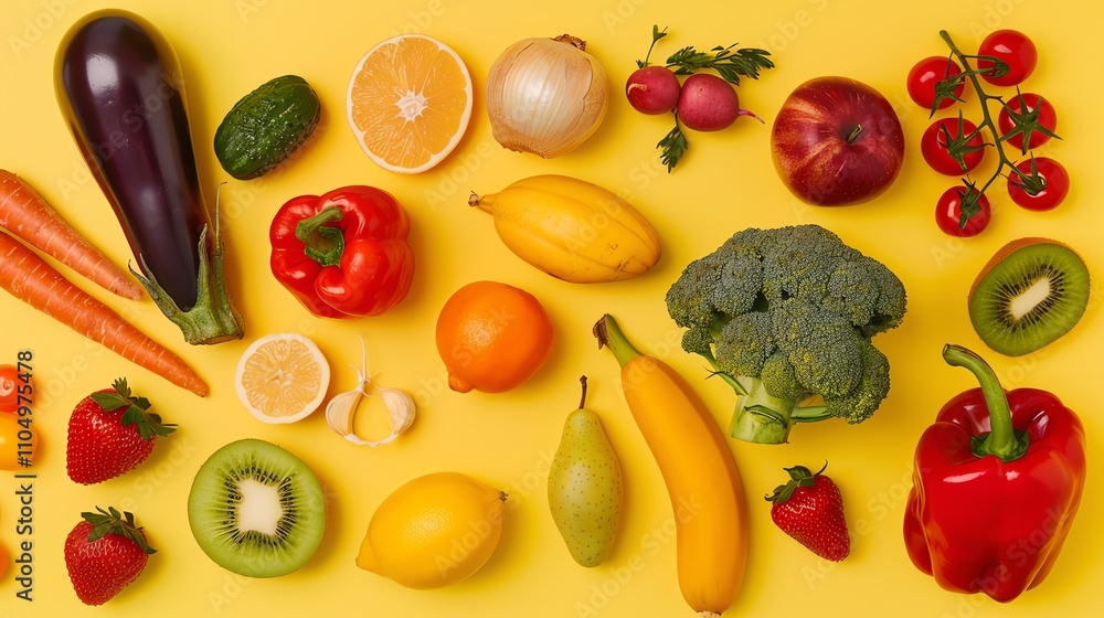 A variety of fresh fruits and vegetables on a yellow background. A variety of fresh fruits and vegetables on a yellow background.