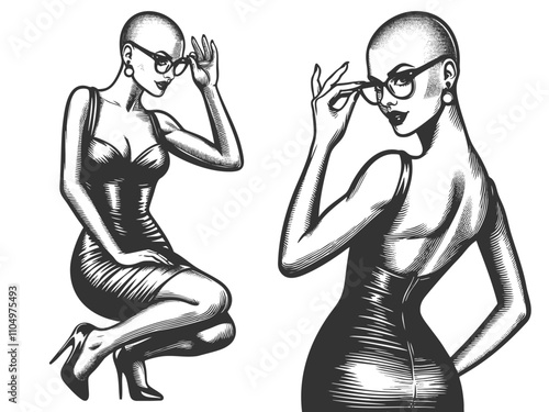 bald woman in glasses, fitted dress, alternative beauty sketch engraving generative ai fictional character vector illustration. Scratch board imitation. Black and white image.